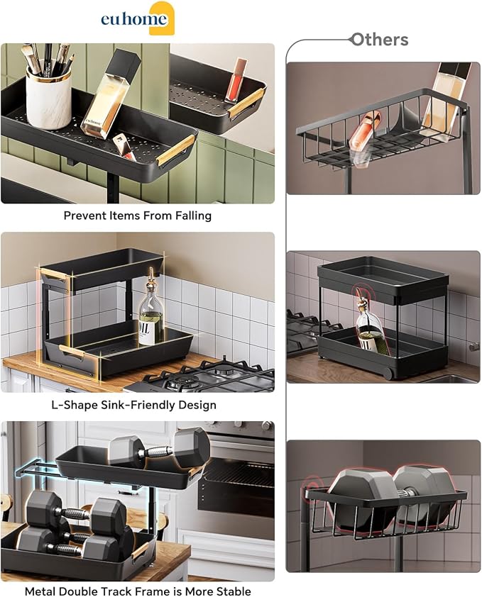 Under Sink Organizer, 2 Tier Adjustable Height Under Sink Organizers and Storage, L-Shaped Slide Out Pull Out Cabinet Organizers for Bathroom Kitchen Pantry(1 Pack, Black)