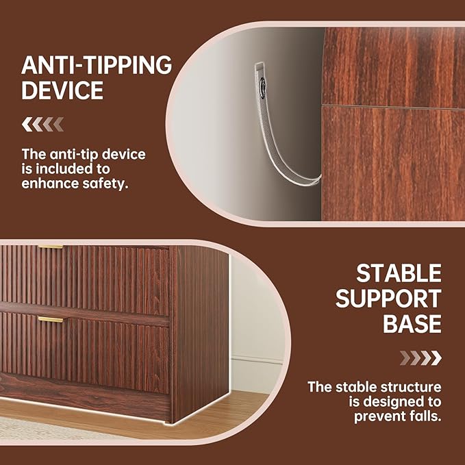 FURSUN Fluted 5 Drawers Dresser for Bedroom, 48" Tall Wooden Modern Dresser with Metal Handle, Curved Profile Design, Storage Organizer for Living Room, Hallway（Dark Walnut）