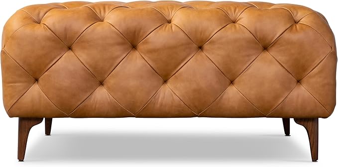 POLY & BARK Turin Ottoman with Wood Legs in Cognac Tan