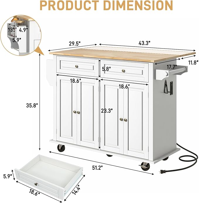 51.2" Movable Kitchen Island with Drop Leaf and Power Outlet, Rolling Island Cart w/Storage Cabinet, Island Table on Wheels for Kitchen w/2 Drawers, Spice Rack, Towel Bar, Garage Hook, White
