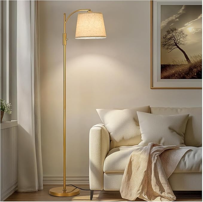AIDENOEY Fully Dimmable Floor Lamp for Living Room，Standing Lamp Rotary Switch with Linen Beige Shade，Golden Tall Lamps for Bedroom with Adjust Head，9W LED Bulb Included