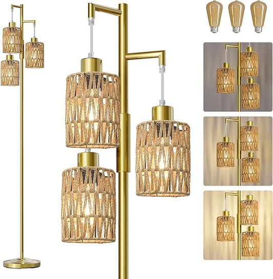 Oneach 70" Floor Lamps for Living Room, Stepless Dimmable Boho Floor Lamp with 3 Bulbs, Tall Farmhouse Industrial Corner Standing Tree Lamp for Bedroom, Office, Study Room, Dining Room, Gold