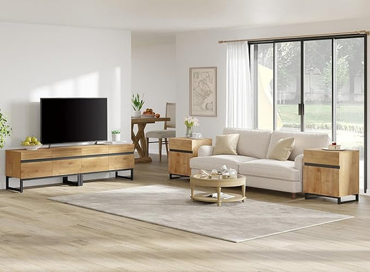 WAMPAT TV Stand and End Table Set of 3, Modern Living Room Table Sets, 70 Inch TV Stand and 2 End Tables with Drawers, Oak