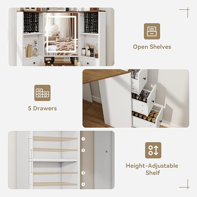 ARTETHYS Corner Vanity Desk with Mirror and Lights Makeup Table with Storage Large Farmhouse Vanity Sets with Drawers for Women, White