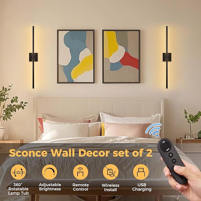DORESshop Battery Operated Wall Sconces Set of Two with Remote Control, Rechargeable Wall Sconce, 350°Rotate Dimmable Wireless Wall Sconce for Living Room, Hallway, Bedroom, 29 Inch, Black(2 Pack)