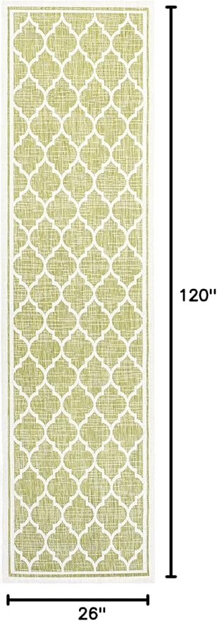 Eyely BMS109G-210 Santa Monica Trebol Moroccan Trellis Textured Weave Indoor/Outdoor Runner Rug Coastal;Bohemian, Bedroom, Backyard, Patio, Easy-Cleaning, Non-Shedding, 2 X 10, Green/Cream
