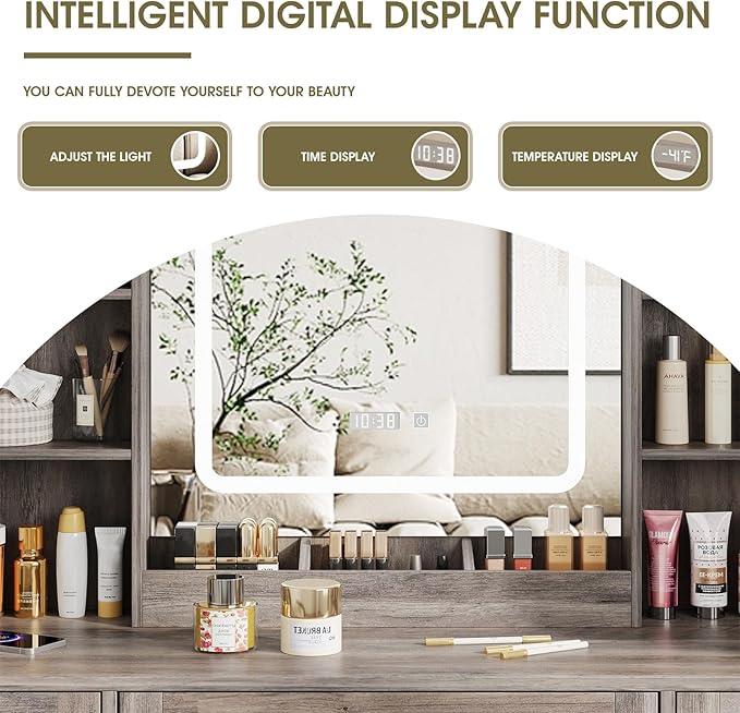 Vabches Makeup Vanity Desk, Vanity Mirror with Lights Desk and Chair,Makeup Table with 3 Large Drawers and 2 Cabinets, Time and Temperature Display, 3 LED Lighting Modes Adjustable, Grey