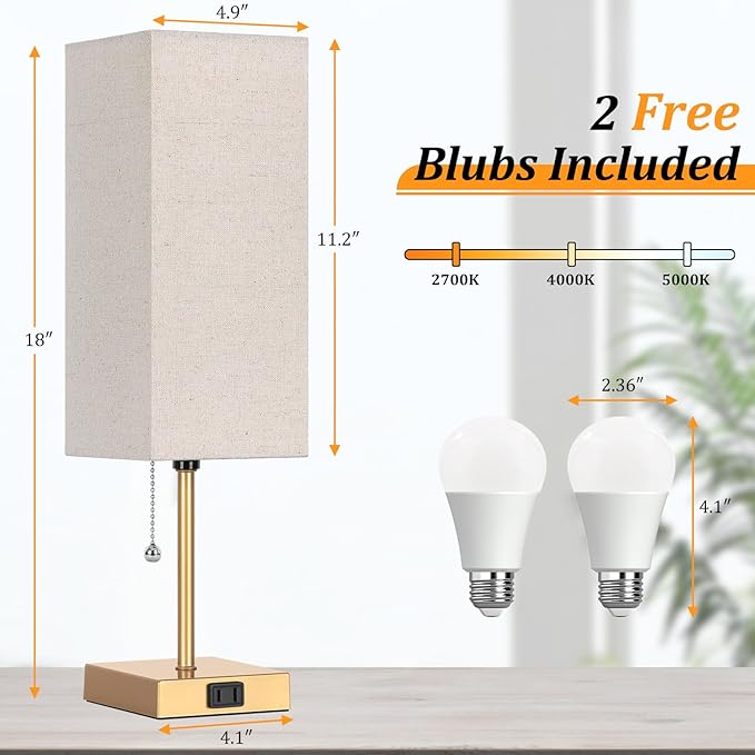 Table Lamp for Bedroom set of 2,3-Color Bedside Lamps with Pull Chain Table Lamps for Nightstand with AC Outlets,18'' Night Light Lamps with 2 Bulbs Lamps for Living Room Kids Office Decor（Glod）