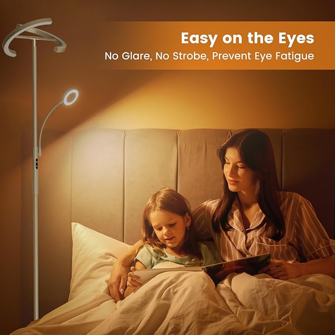 2-in-1 Dimmable Floor Lamp with Reading Light - Rotatable Standing Lamp with Remote&Touch Control, Stepless Color Brightness Adustable, Modern Lamp for Living Room Bedroom Office, Silver