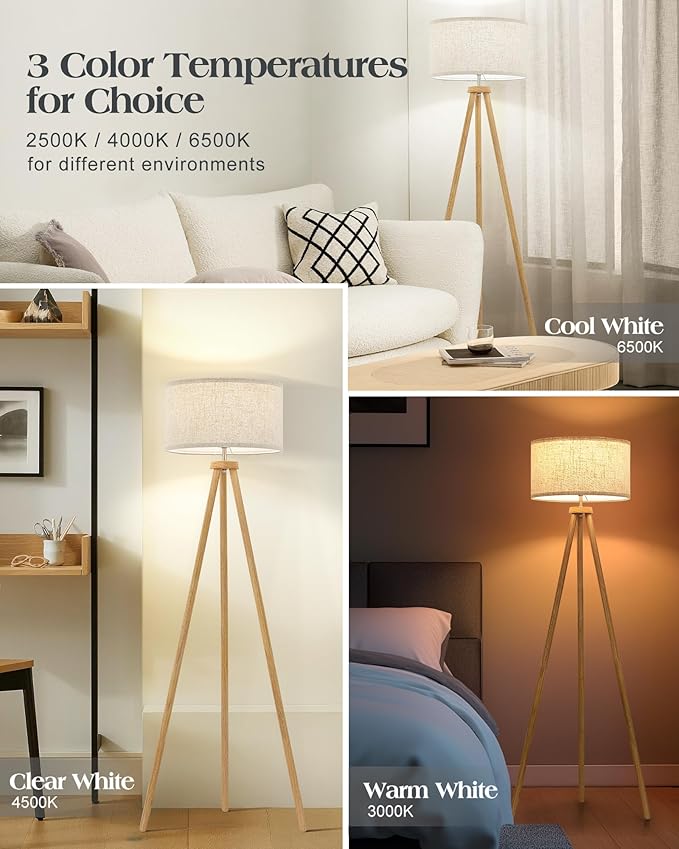 ELYONA Wood Tripod Floor Lamp for Living Room, Nordic Standing lamp with 3 Color Temperatures LED Bulb Included & Beige Linen Shade, Footswitch, Tall lamp for Bedroom, Office, Study Room, Natural Wood