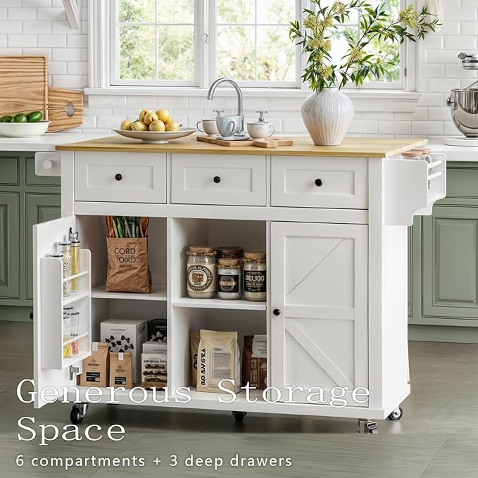 Rolling Kitchen Island Cart with Drop Leaf, Large Kitchen Island on Wheels with Storage and 3 Drawers, Mobile Island for Kitchen with Rubber Wood Countertop, Towel Rack (White, X-Large)