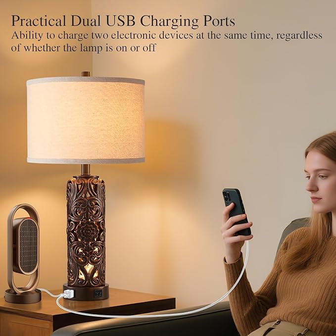 Farmhouse Table Lamps Set of 2, Vintage Lamp for Living Room and 2 USB Ports Bedside Lamp with Nightlight for Bedroom, Dark Brown Hollow Out Resin Nightstand Lamp, 2 Bulbs Included