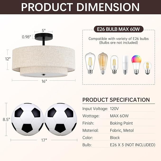 16" Semi Flush Mount Ceiling Light, 3-Light Drum Ceiling Light Fixture with 2-Tier Fabric Linen Shade, Farmhouse Chandelier for Dining Room, Living Room, Bedroom, Kitchen, Hallway, Entryway