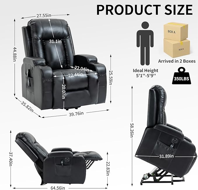 PELUMY Power Lift Recliner Chair for Elderly with Massage & Heat - Heavy Duty Electric Lift Chair, Oversized Recliner, Lay Flat, 8-Point Vibration, Lumbar Heating, USB Port, Cup Holders (Black)