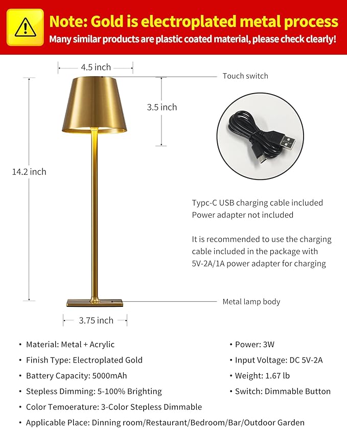 KDG 2 Pack Cordless Table Lamp,Portable LED Desk Lamp, 5000mAh Battery Operated, 3 Color Stepless Dimming Up, for Restaurant/Bedroom/Bars/Outdoor Party/Camping/Coffee Shop Night Light(Gold)