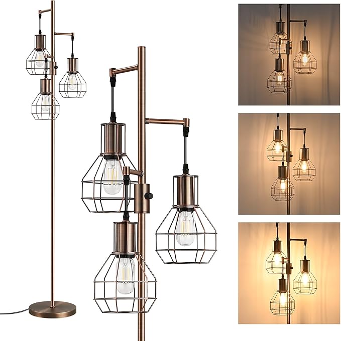 EDISHINE Dimmable Industrial Floor Lamp, Farmhouse Standing Lamp for Living Room, Bedroom, 3 LED Edsion Bulbs Included, Rotary Switch, 65in Rustic Tree Reading Lamps for Study Room, Office - Brown