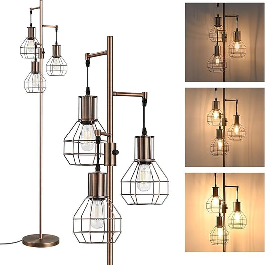 EDISHINE Dimmable Industrial Floor Lamp, Farmhouse Standing Lamp for Living Room, Bedroom, 3 LED Edsion Bulbs Included, Rotary Switch, 65in Rustic Tree Reading Lamps for Study Room, Office - Brown
