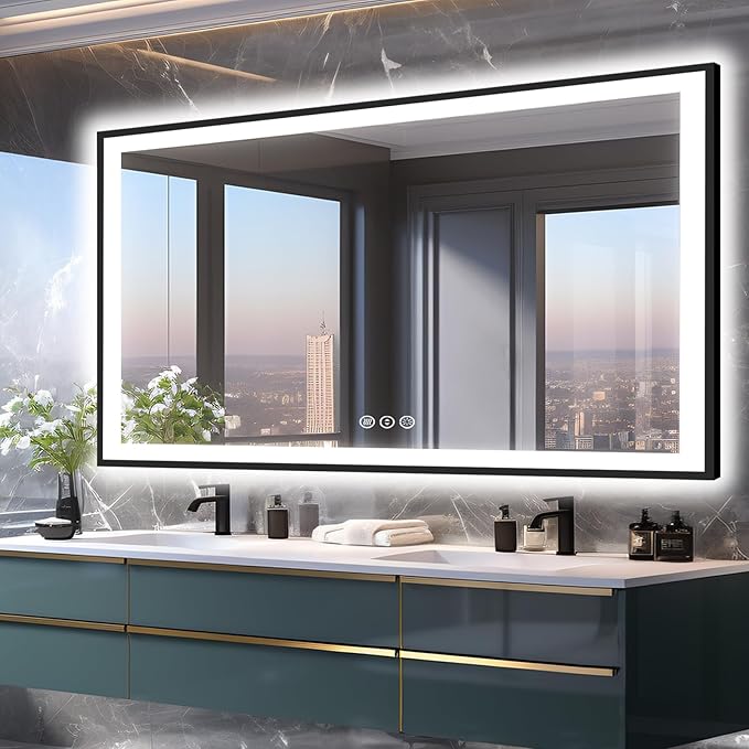 72x40 Large LED Bathroom Mirror with Lights -Black Aluminum Rimmed (Front and Backlit),Fogless Mirror with Lights,Stepless Dimmable Lighted Mirror,3 Colors Smart Mirror(Horizontal/Vertical)