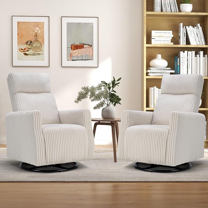 CANMOV Swivel Rocker Chair Set of 2, Swivel Accent Chair with High Back and Arms, Corduroy Glider Chair Swivel Chairs for Living Room Bedroom Nursery, Beige