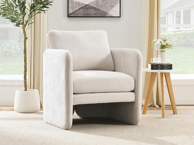 Modern Barrel Accent Chair, Mid-Century Beige Chenille Fabric Armchair for Living Room, Comfy Upholstered Reading Accent Chairs Single Sofa Chair for Bedroom Waiting Room Office,1 PCS, Beige