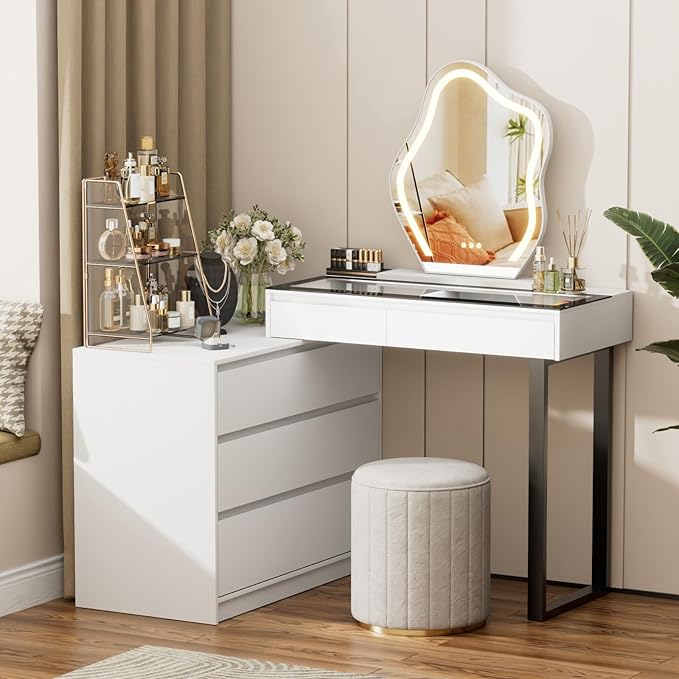 Corner Makeup Vanity Desk with Mirror and Lights, 58" Modern L-Shaped Vanity Table with Glass Top, Large Dressing Table with 2 Drawers & 3 Tier Dresser for Bedroom, White