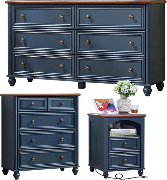 Farmhouse Dressers & Night Stand Set of 3, Wood 54" Wide 6 Drawer Dresser & 35.5"Tall Chest of Drawers, 18" with Charging Station Nightstand, Bedroom Furniture Dresser Set for Home Living Room Hallway