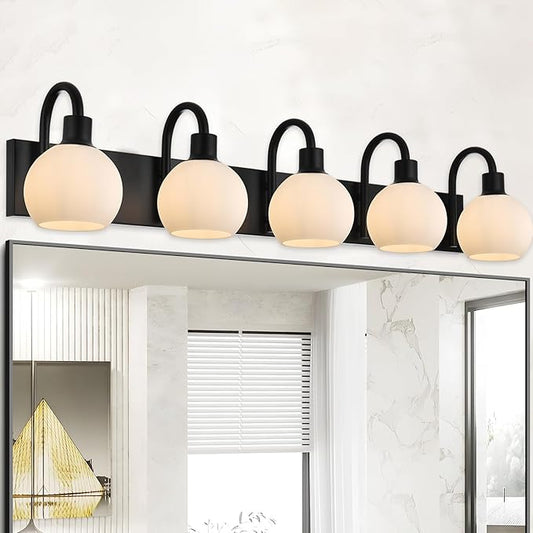 37 Inch Bathroom Light Fixtures, 5-Lights Black Vanity Light with Milk White Globe Glass Shade, Bath Vanity Wall Mounted Lighting Over Mirror for Kitchen