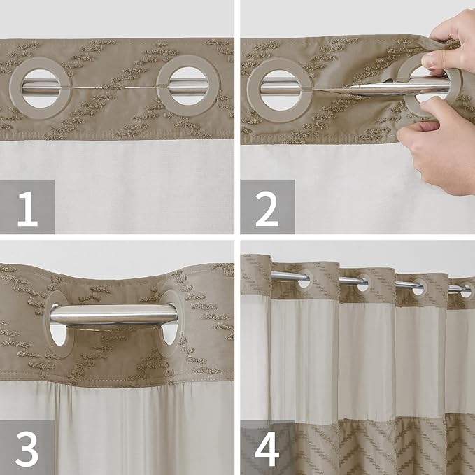 No Hook Boho Farmhouse Shower Curtain with Snap-in Fabric Liner set-54Wx80H(78H),Beige Tufted Chevron Striped Hotel Grade Cloth Shower Curtains for Bathroom with Window,Water Repellent