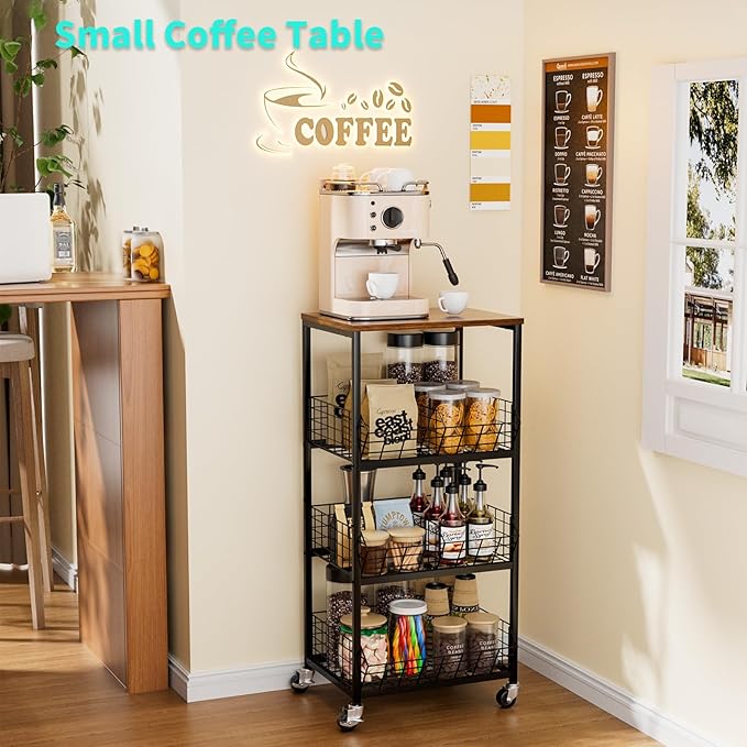 HapiRm Kitchen Fruit Vegetable Cart - 4 Tier Rolling Storage Rack with Wheels and Dividers, Coffee Station Cart Rack Shelf Organizer for Onion, Potato, Snack, Fruit, Vegetable Storage Stand, Black