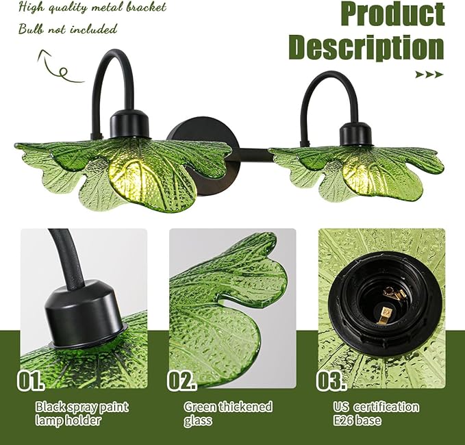 2 Light Black Vanity Light Bathroom Wall Sconce Vintage Wall Sconce Lights Wall lamp with Green Glass Shade Bathroom Vanity Light Over Mirror for Bedroom Hallway Living Room