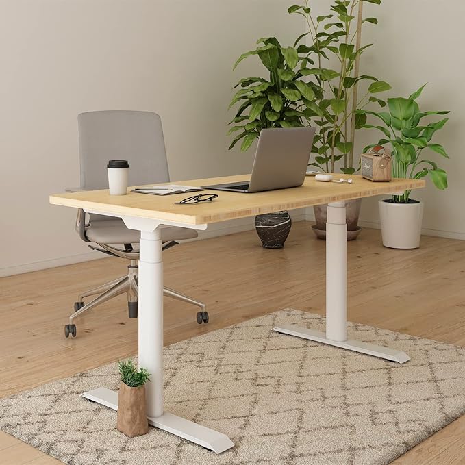 FLEXISPOT E6 Pro Oval Leg Dual Motor 3 Stages Bamboo Electric Standing Desk 60x30 Inch Whole-Piece Board Height Adjustable Electric Sit Stand Up Desk (White Frame + Bamboo Desktop)