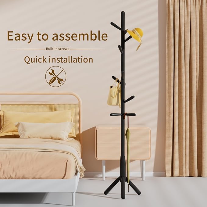 Solid Wood Coat Rack, Freestanding Tree-Shaped Coat Rack with 11 Hooks, Main Pole 1.6" dia for Clothes, Hat Stand Used in Bedroom/Office/Entryway (3-Leg Base, Black)