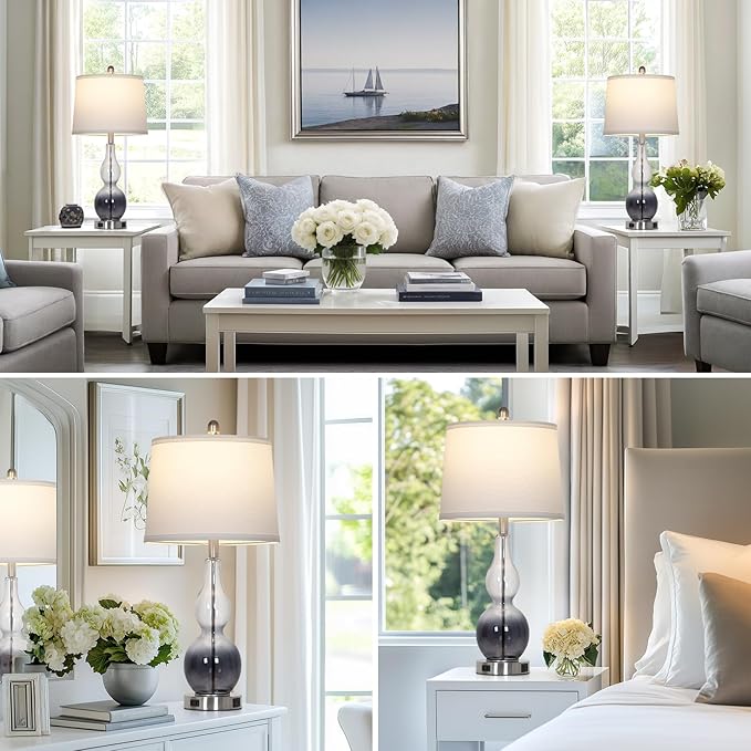 27.5" Gradual Gray Clear Glass Table Lamp Set of 2,3-Way Dimmable Touch Control Bedside Lamps with USB Ports and AC Outlet, Modern Nightstand Lamps for Bedroom Living Room