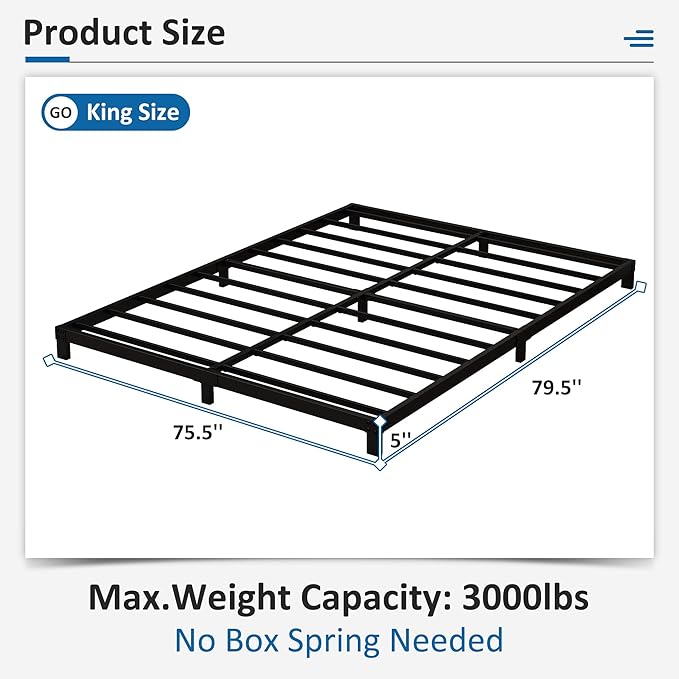 5 Inch Low King Bed Frame Heavy Duty Metal Platform, No Box Spring Needed, Easy Assembly Mattress Foundation, No Noise, Black