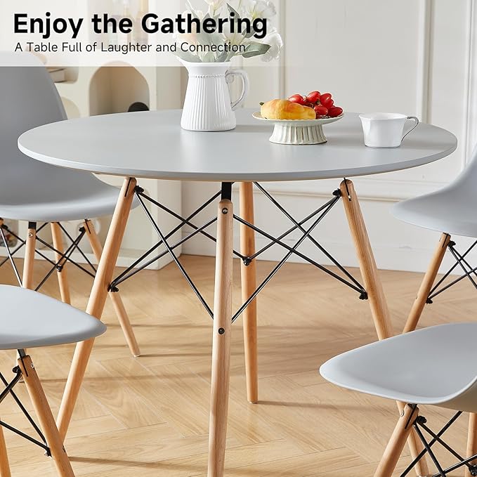 Round Dining Table Set for 4 31.5" Wood Dinner Table Circle Dining Table Kitchen Table Chairs Set of 4 with Wood Strip Base for Kitchen Living Room Space Saving Apartment(Grey)