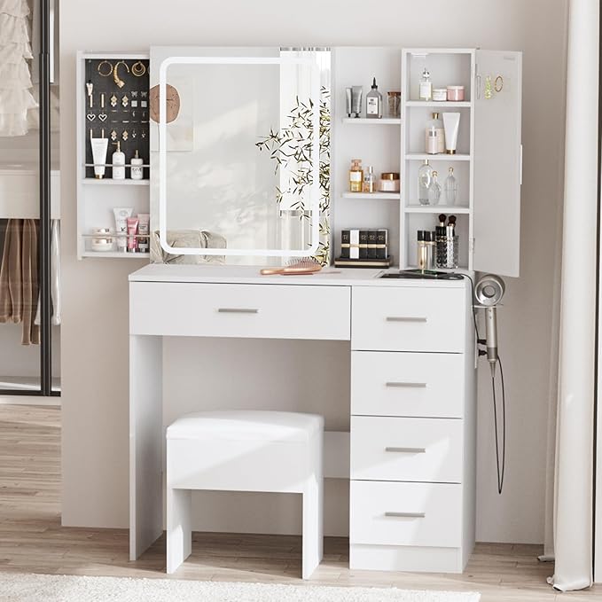 Fameill White Vanity Desk with Mirror and Lights,Makeup Vanity Table Set with Power Strip and Sliding Locker,Visual Drawer Dressing Table with 5 Drawers&Shelves&Cabinet,3 Lighting Modes