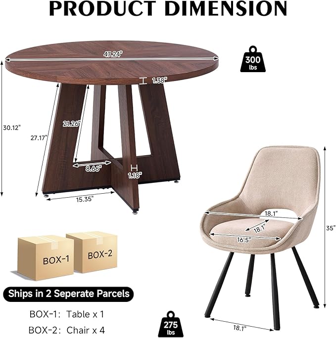 47" Round Dining Room Table Set for 4, [Fanned Base] [1.38" Thick Top] Wood Kitchen Table with 4 Swivel Dining Chairs