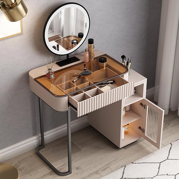 Lartis Makeup Vanity, Makeup Vanity with LED Makeup Mirror, Three Adjustable Light Levels, Tempered Teal Glass countertop