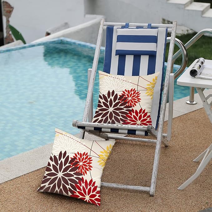 Red Brown Outdoor Pillow Cover 20X20 Inch Set of 2 Outdoor Waterproof Fall Floral Brown Decorative Pillowcase Decor for Couch Patio Funiture Garden Print Polyester Cushion Cover 01K20