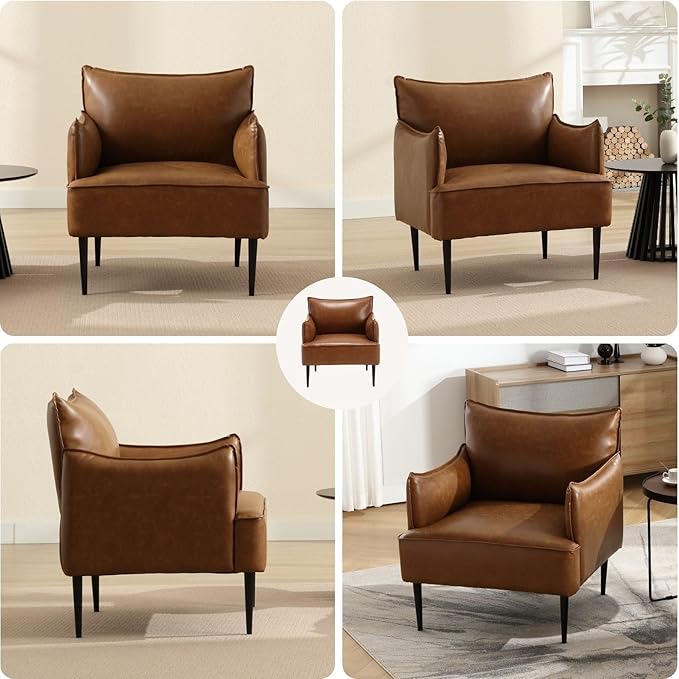 Mid Century Modern Accent Chair Armchair, Brown PU Leather Living Room Chair Sofa Lounge Chair with Metal Legs Reading Chair with Armrest for Bedroom Office Apartment