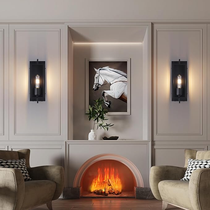 Wireless Battery Operated Wall Sconces Set of 2, Rechargeable Farmhouse Wall Light Fixture with Remote, Industrial Black Wall Lamp dimmable, Modern Indoor Lighting for Bedroom Living Room Hallway