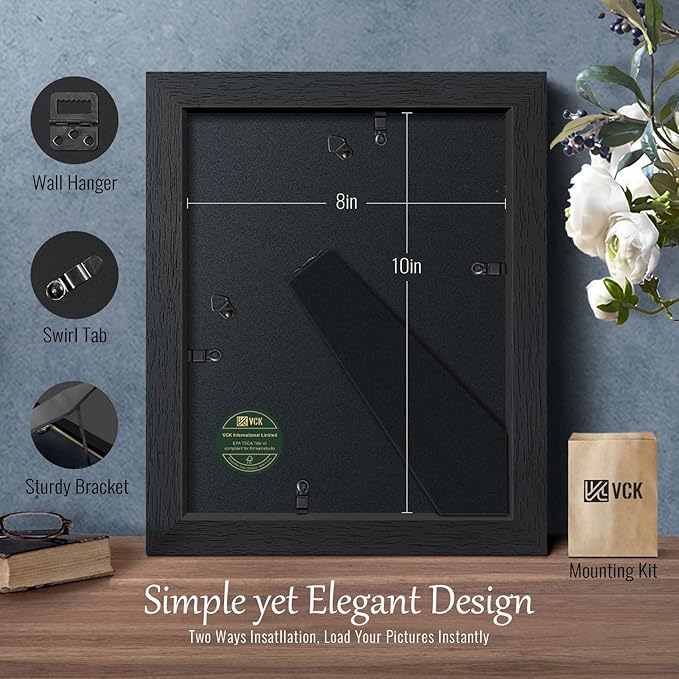 VCK 8x10 Picture Frame Set of 2 - Black, Textured Exclusive Solid Wood Picture Frames, Wall Gallery Frame