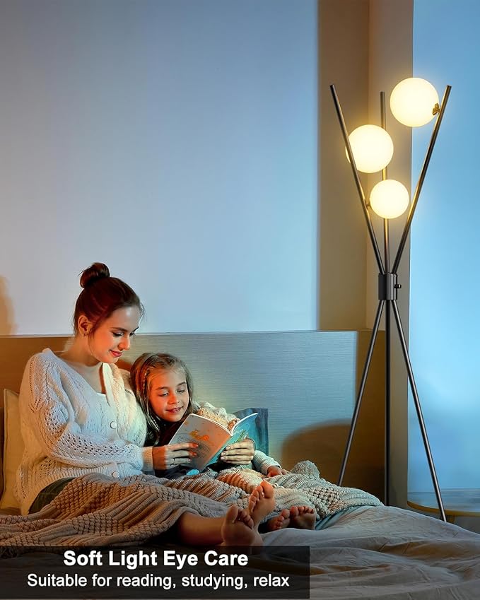 Lightdot 60IN Dimmable Tripod Floor Lamp Mid Century Black Standing Lamps with 3Pcs 3000K G9 Bulbs Globe Eye Care&Stable Base Modern Tall Lamp for Living Room Bedroom Office