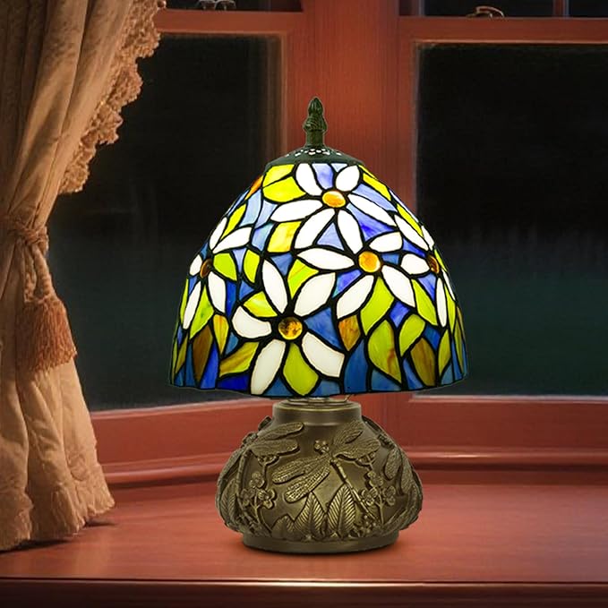 Small Tiffany Stained Glass Lamp, 3 Color Temperatures Bedside Lamp, 8 Inch Mushroom Desk Light for Bedroom Living Room Office Home Decor (White Flower Pattern)