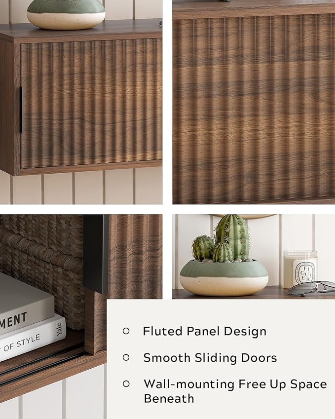 Fluted Floating TV Stand, 30" Multi-Purpose Modern TV Display Shelf Console Entertainment Center Cabinet with Sliding Doors for Bedroom Living Room Entryway, Brown