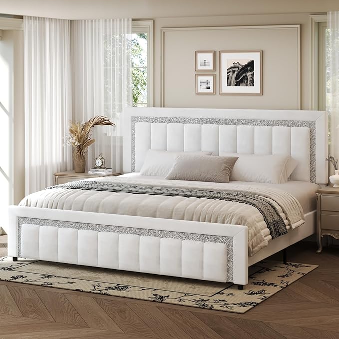 HOMBCK King Size Bed Frame with Diamond Velvet Headboard, Upholstered Bed Frame King with Wooden Slats Support, No Box Spring Needed, Noise Free, Easy Assembly, White