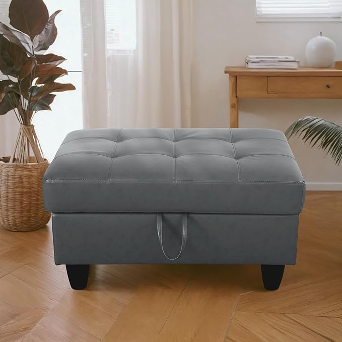 Ottoman Rectangular Storage Ottoman Bench, Faux Leather Footrest, Coffee Table, Stool Footstool with Hinged Lid for Living Room, Bedroom, Entryway, Light Blue, 35"x23.5"x17.5"