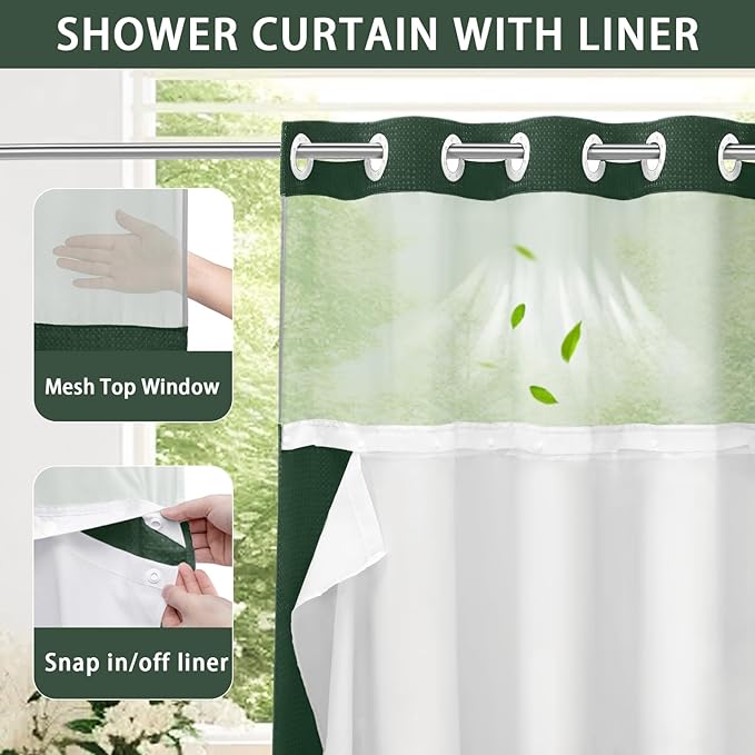 YellyHommy No Hook Shower Curtain with Snap in Liner Set Less Time Dark Green Waffle Shower Curtain for Bathroom 75" L x 72" W