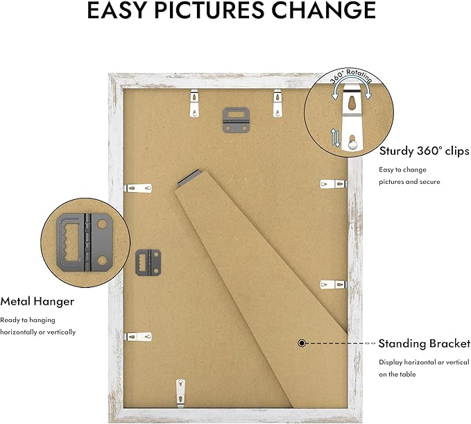 10x14 Picture Frame with Real Glass - 8x12 Wooden Frame with Mat, Horizontal and Vertical Display for Wall or Tabletop (Distressed White, 1 Pack)