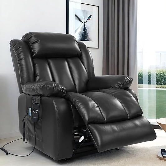 TEKAMON Power Lift Recliner Chair for Elderly with Heat & Massage, Dual Motor Breathable Leather Recliner, Lay Flat Sleeping Chairs with Infinite Position, RemoteControl & USB Ports(Black)